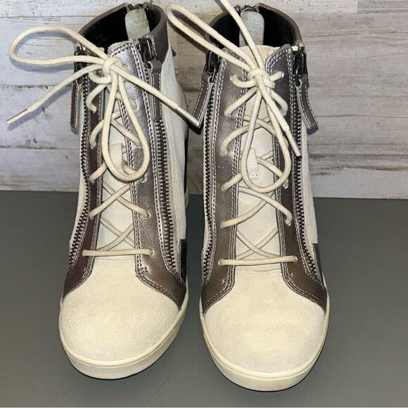 Gray for Saks Fifth Avenue Suede Leather Metallic Lace Up Wedge Booties sz 6.5 - Picture 7 of 15